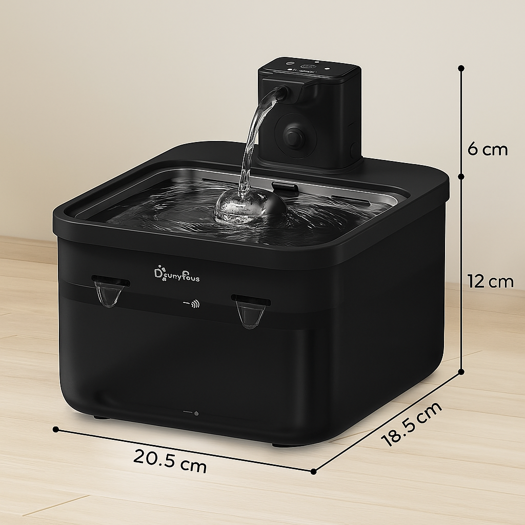 Fontaine à Eau pour Chat 2,5 L – Automatique 2 en 1, Sans fil, Capteur Intelligent, Eau Filtrée dimension